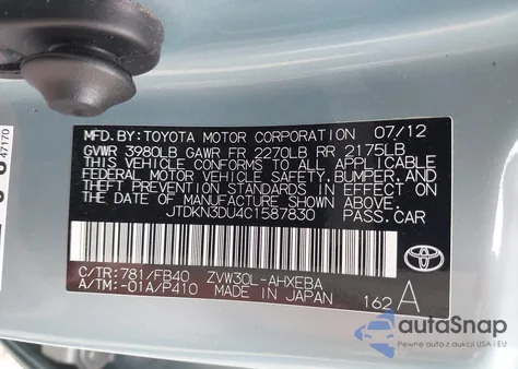 2012 Toyota Prius Three from USA, damaged, VIN JTDKN3DU4C1587830